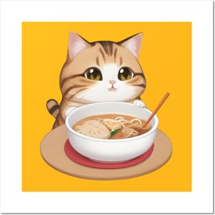 Cute Cat Holding a Cup of Ramen Posters and Art